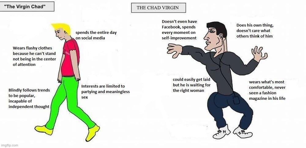 opposite day | image tagged in virgin vs chad | made w/ Imgflip meme maker
