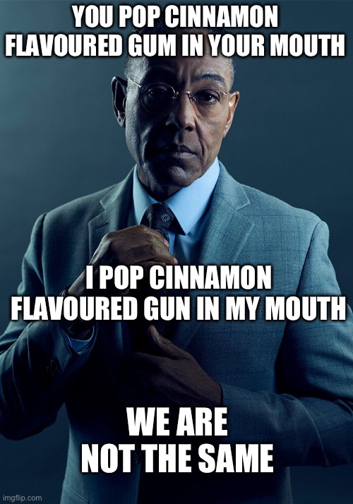 Cinnamon flavour | YOU POP CINNAMON FLAVOURED GUM IN YOUR MOUTH; I POP CINNAMON FLAVOURED GUN IN MY MOUTH; WE ARE NOT THE SAME | image tagged in gus fring we are not the same,what the cinnamon toast f is this | made w/ Imgflip meme maker