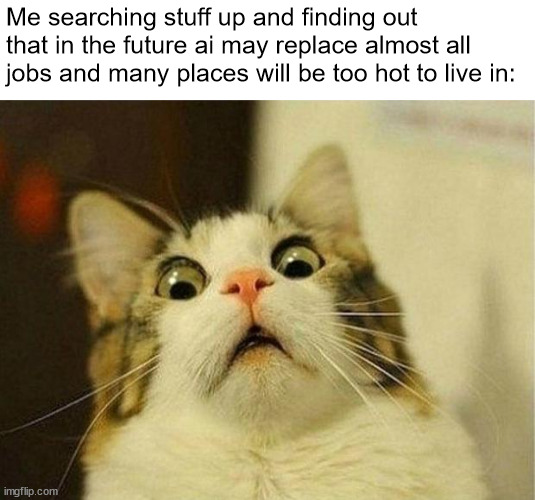 I should stop searching this stuff up | Me searching stuff up and finding out that in the future ai may replace almost all jobs and many places will be too hot to live in: | image tagged in memes,scared cat | made w/ Imgflip meme maker