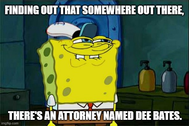 Don't You Squidward Meme | FINDING OUT THAT SOMEWHERE OUT THERE, THERE'S AN ATTORNEY NAMED DEE BATES. | image tagged in memes,don't you squidward | made w/ Imgflip meme maker