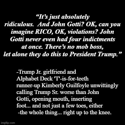 A crucial part of having Freedom of Speech is knowing when to keep your trap shut... | “It’s just absolutely ridiculous.  And John Gotti? OK, can you imagine RICO, OK, violations? John Gotti never even had four indictments at once. There’s no mob boss, let alone they do this to President Trump.”; -Trump Jr. girlfriend and Alphabet Deck 'T'-is-for-teeth runner-up Kimberly Guilfoyle unwittingly calling Trump Sr. worse than John Gotti, opening mouth, inserting foot... and not just a few toes, either  -the whole thing... right up to the knee. | image tagged in too funny,you're an idiot,wow you failed this job | made w/ Imgflip meme maker