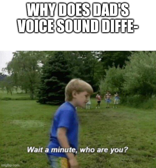 Wait a minute, who are you? | WHY DOES DAD'S VOICE SOUND DIFFE- | image tagged in wait a minute who are you | made w/ Imgflip meme maker