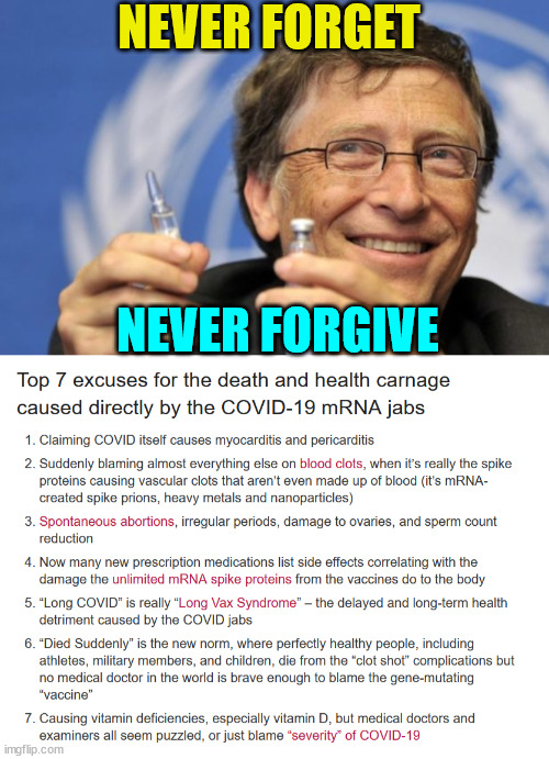 Never forget, never forgive | NEVER FORGET; NEVER FORGIVE | image tagged in bill gates loves vaccines,covid vaccine,lies | made w/ Imgflip meme maker