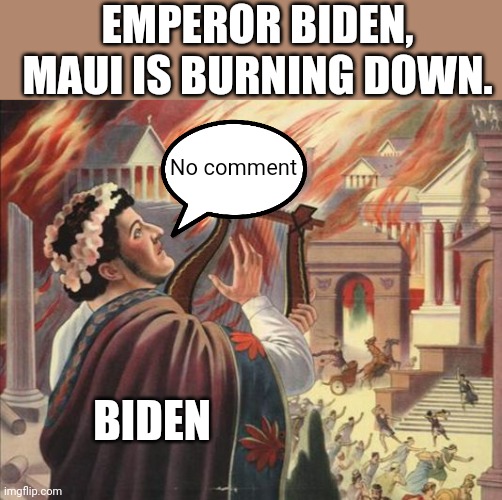 What does Biden care?  He doesn't care if Maui burned, he didn't care about the soldiers, US citizens and Afghans he left behind | EMPEROR BIDEN, MAUI IS BURNING DOWN. No comment; BIDEN | image tagged in nero burns,toxic narcissism,only cares about money | made w/ Imgflip meme maker