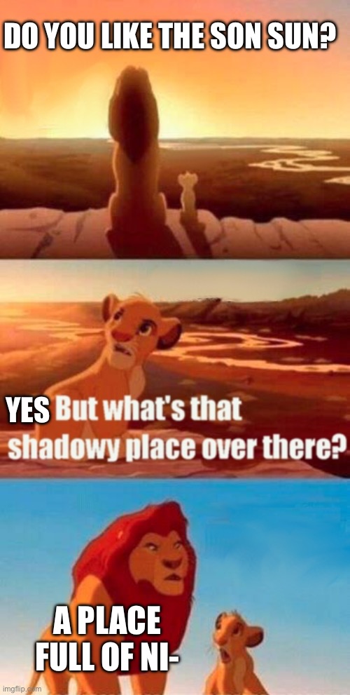 What’s that shadowy place? | DO YOU LIKE THE SON SUN? YES; A PLACE FULL OF NI- | image tagged in memes,simba shadowy place | made w/ Imgflip meme maker