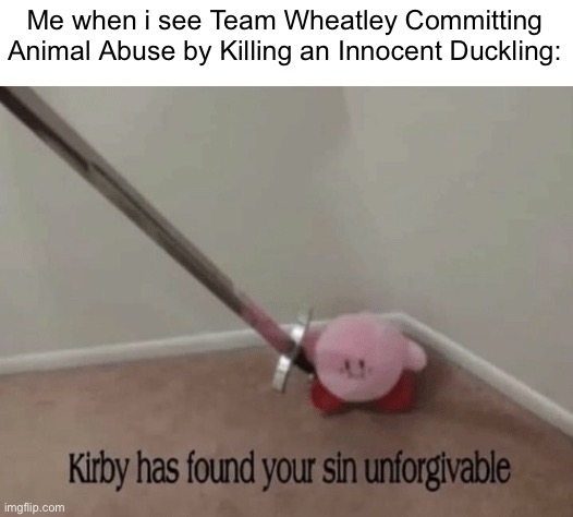 I meant Duckling, Sorry. | Me when i see Team Wheatley Committing Animal Abuse by Killing an Innocent Duckling: | image tagged in kirby has found your sin unforgivable | made w/ Imgflip meme maker