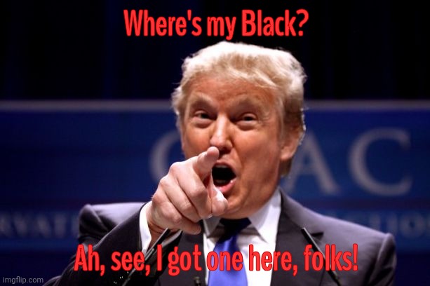 Donald Trump Pointing | Where's my Black? Ah, see, I got one here, folks! | image tagged in donald trump pointing | made w/ Imgflip meme maker