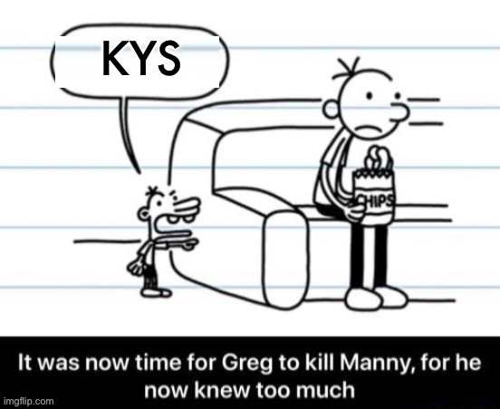 It was now time for Greg to kill manny, for he now knew too much | KYS | image tagged in it was now time for greg to kill manny for he now knew too much | made w/ Imgflip meme maker