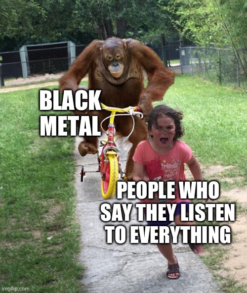 Black metal! Duh nu nu nu! | BLACK METAL; PEOPLE WHO SAY THEY LISTEN TO EVERYTHING | image tagged in orangutan chasing girl on a tricycle | made w/ Imgflip meme maker