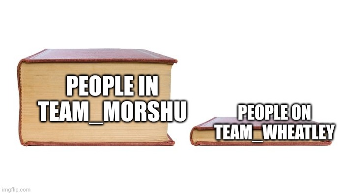 Tiny book vs Big book | PEOPLE IN TEAM_MORSHU; PEOPLE ON TEAM_WHEATLEY | image tagged in tiny book vs big book | made w/ Imgflip meme maker