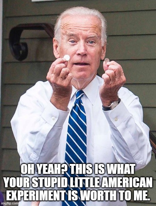 Joe Biden timing the market... | OH YEAH? THIS IS WHAT YOUR STUPID LITTLE AMERICAN EXPERIMENT IS WORTH TO ME. | image tagged in joe biden | made w/ Imgflip meme maker