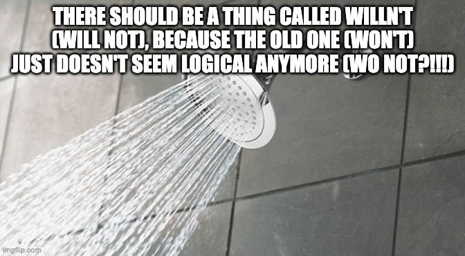 Shower Thoughts | THERE SHOULD BE A THING CALLED WILLN'T (WILL NOT), BECAUSE THE OLD ONE (WON'T) JUST DOESN'T SEEM LOGICAL ANYMORE (WO NOT?!!!) | image tagged in shower thoughts | made w/ Imgflip meme maker