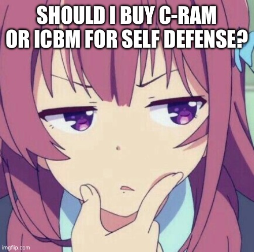 animegirl-thinking | SHOULD I BUY C-RAM OR ICBM FOR SELF DEFENSE? | image tagged in animegirl-thinking | made w/ Imgflip meme maker