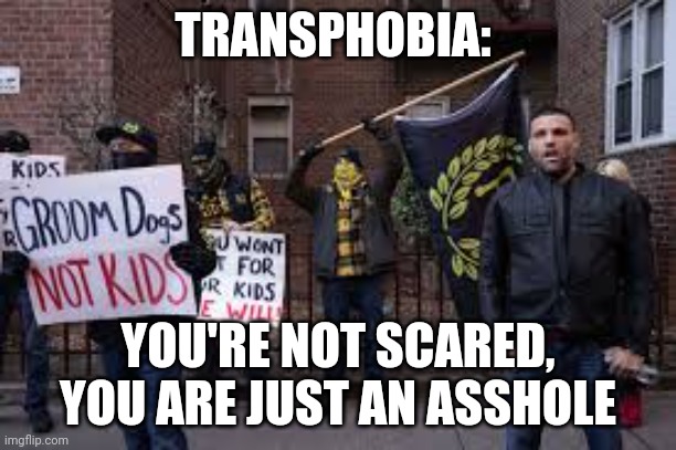 Transphobia is not a phobia | TRANSPHOBIA:; YOU'RE NOT SCARED, YOU ARE JUST AN ASSHOLE | image tagged in transphobic jerks | made w/ Imgflip meme maker