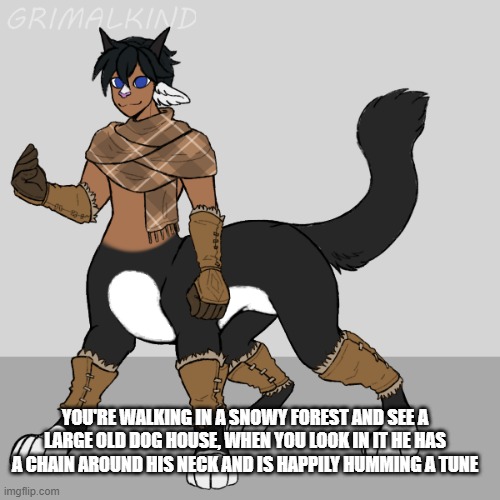 rules in tags | YOU'RE WALKING IN A SNOWY FOREST AND SEE A LARGE OLD DOG HOUSE, WHEN YOU LOOK IN IT HE HAS A CHAIN AROUND HIS NECK AND IS HAPPILY HUMMING A TUNE | image tagged in no killing him,no erp,no romance,no bambi or joke ocs | made w/ Imgflip meme maker