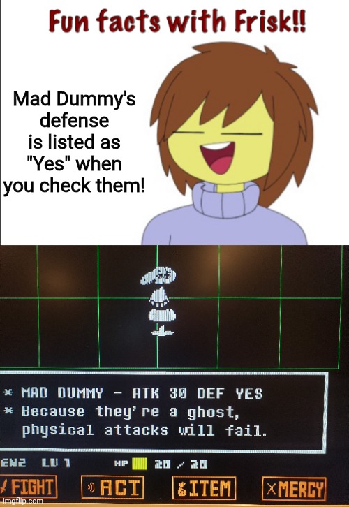 Fun Facts with AnnabethChase101 through Frisk #7 | Mad Dummy's defense is listed as "Yes" when you check them! | image tagged in fun facts with frisk,undertale | made w/ Imgflip meme maker