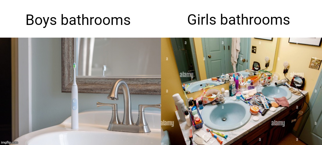 Meme #3,243 | Boys bathrooms; Girls bathrooms | image tagged in memes,boys vs girls,bathrooms,so true,messy,clean | made w/ Imgflip meme maker