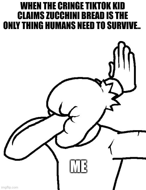 You can't survive on just zucchini bread!!!! | WHEN THE CRINGE TIKTOK KID CLAIMS ZUCCHINI BREAD IS THE ONLY THING HUMANS NEED TO SURVIVE.. ME | image tagged in extreme facepalm | made w/ Imgflip meme maker