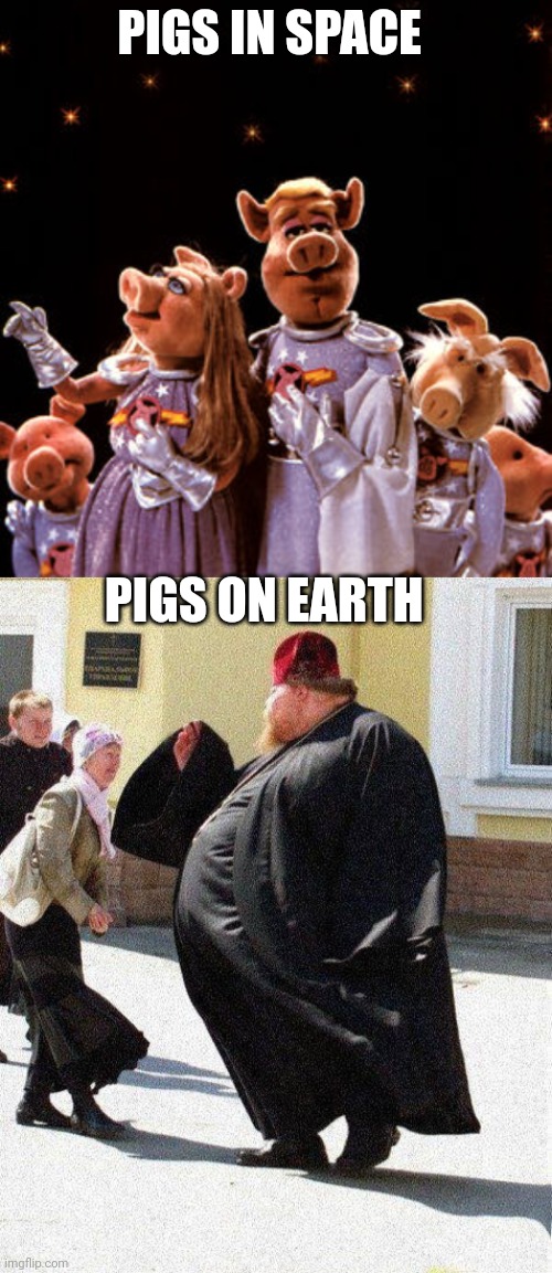 PIGS IN SPACE; PIGS ON EARTH | image tagged in pigs in space,fat priest | made w/ Imgflip meme maker