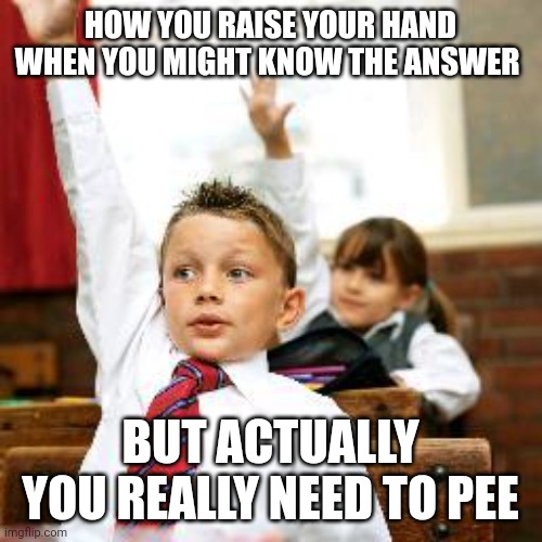 School Kid Pick Me | HOW YOU RAISE YOUR HAND WHEN YOU MIGHT KNOW THE ANSWER; BUT ACTUALLY YOU REALLY NEED TO PEE | image tagged in school kid pick me | made w/ Imgflip meme maker