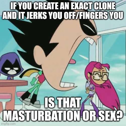 They're exactly the same. Same memories same personality same everything. | IF YOU CREATE AN EXACT CLONE AND IT JERKS YOU OFF/FINGERS YOU; IS THAT MASTURBATION OR SEX? | image tagged in robin yelling at starfire | made w/ Imgflip meme maker