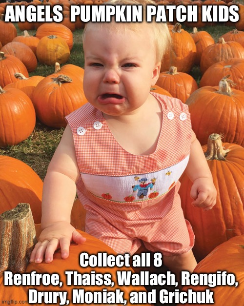 Pumpkin Patch Kids | ANGELS  PUMPKIN PATCH KIDS; Collect all 8
Renfroe, Thaiss, Wallach, Rengifo, Drury, Moniak, and Grichuk | image tagged in sports fans | made w/ Imgflip meme maker