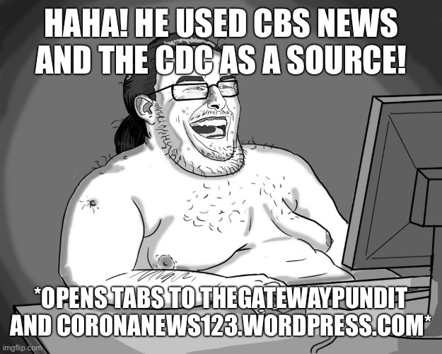 Chronically online conservatives | HAHA! HE USED CBS NEWS AND THE CDC AS A SOURCE! *OPENS TABS TO THEGATEWAYPUNDIT AND CORONANEWS123.WORDPRESS.COM* | image tagged in fat guy naked behind computer,fake news,conservative logic,conservatives,trump supporters,mainstream media | made w/ Imgflip meme maker