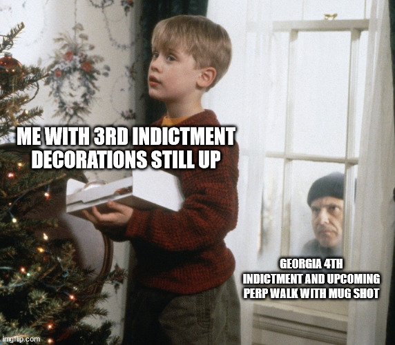 Home alone decorating tree | ME WITH 3RD INDICTMENT DECORATIONS STILL UP; GEORGIA 4TH INDICTMENT AND UPCOMING PERP WALK WITH MUG SHOT | image tagged in home alone decorating tree | made w/ Imgflip meme maker