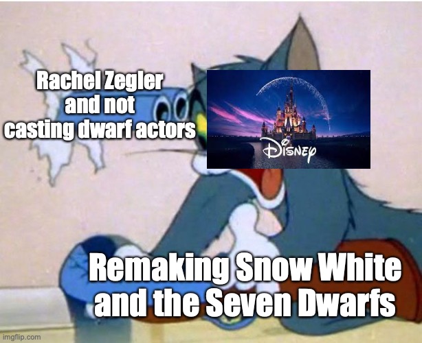 Snow White and the Seven Dwarfs remake | Rachel Zegler and not casting dwarf actors; Remaking Snow White and the Seven Dwarfs | image tagged in tom and jerry,snow white,remake,disney | made w/ Imgflip meme maker