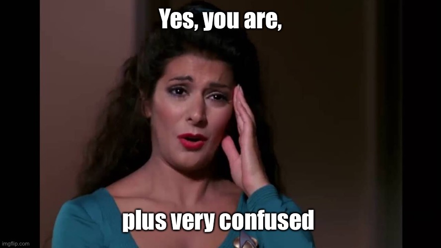 Counselor Troi Headache | Yes, you are, plus very confused | image tagged in counselor troi headache | made w/ Imgflip meme maker