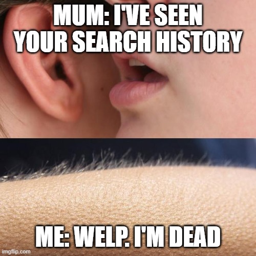 Whisper and Goosebumps | MUM: I'VE SEEN YOUR SEARCH HISTORY; ME: WELP. I'M DEAD | image tagged in whisper and goosebumps | made w/ Imgflip meme maker