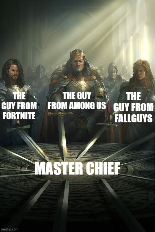Knights of the Round Table | THE GUY FROM AMONG US; THE GUY FROM FORTNITE; THE GUY FROM FALLGUYS; MASTER CHIEF | image tagged in knights of the round table | made w/ Imgflip meme maker