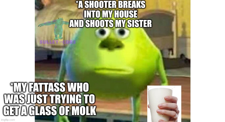 I just wanted molk... | *A SHOOTER BREAKS INTO MY HOUSE AND SHOOTS MY SISTER; *MY FATTASS WHO WAS JUST TRYING TO GET A GLASS OF MOLK | image tagged in bruh | made w/ Imgflip meme maker