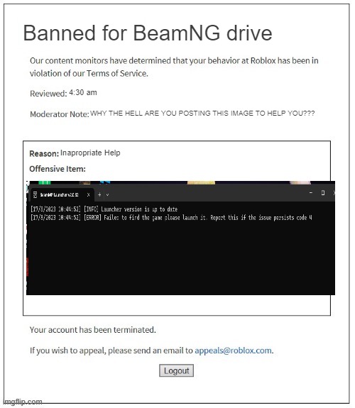 yeah i have that error while launching beamng drive | Banned for BeamNG drive; 4:30 am; WHY THE HELL ARE YOU POSTING THIS IMAGE TO HELP YOU??? Inapropriate Help | image tagged in moderation system,memes,funny,beamng drive error | made w/ Imgflip meme maker