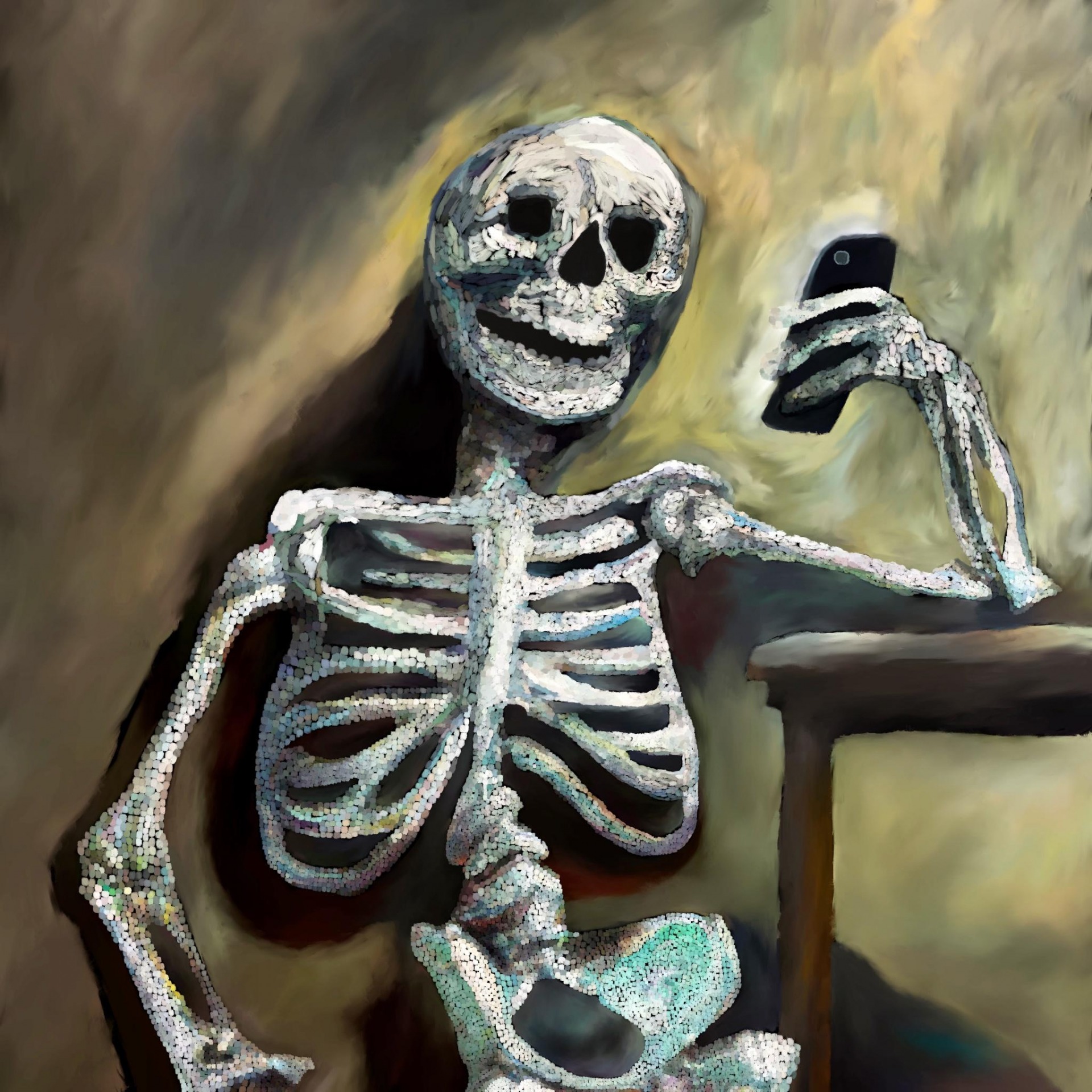 High Quality SKELETON LAUGHS AT CELL PHONE Blank Meme Template
