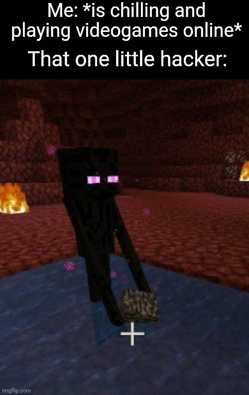 Fr ☠️ | Me: *is chilling and playing videogames online*; That one little hacker: | image tagged in enderman holding bedrock in water in the nether,memes,video games,hackers,relatable,funny | made w/ Imgflip meme maker