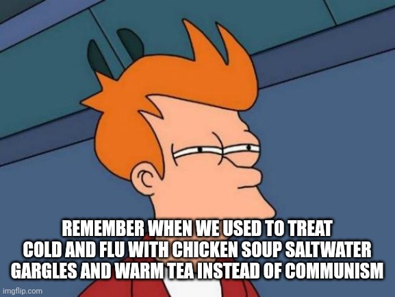 Futurama Fry | REMEMBER WHEN WE USED TO TREAT COLD AND FLU WITH CHICKEN SOUP SALTWATER GARGLES AND WARM TEA INSTEAD OF COMMUNISM | image tagged in memes,futurama fry | made w/ Imgflip meme maker