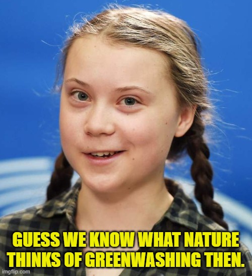 Greta Thunberg | GUESS WE KNOW WHAT NATURE THINKS OF GREENWASHING THEN. | image tagged in greta thunberg | made w/ Imgflip meme maker
