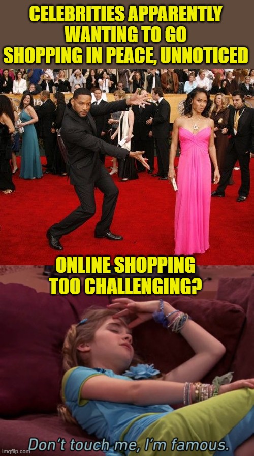 CELEBRITIES APPARENTLY WANTING TO GO SHOPPING IN PEACE, UNNOTICED ONLINE SHOPPING TOO CHALLENGING? | image tagged in will smith shows off,don't touch me i'm famous | made w/ Imgflip meme maker