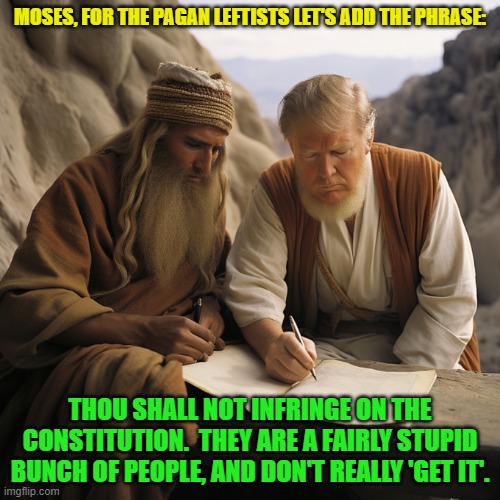 No . . . they really don't 'get it'. | MOSES, FOR THE PAGAN LEFTISTS LET'S ADD THE PHRASE:; THOU SHALL NOT INFRINGE ON THE CONSTITUTION.  THEY ARE A FAIRLY STUPID BUNCH OF PEOPLE, AND DON'T REALLY 'GET IT'. | image tagged in yep | made w/ Imgflip meme maker