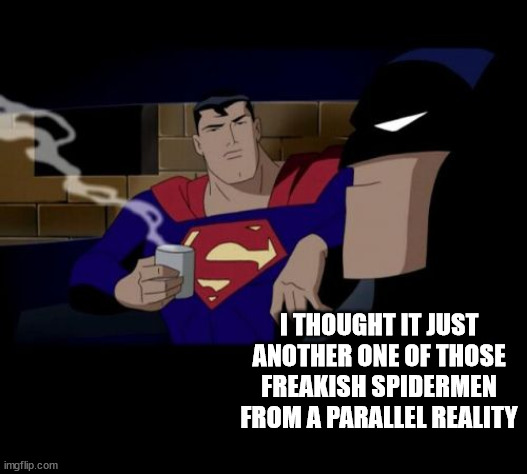 Batman And Superman Meme | I THOUGHT IT JUST ANOTHER ONE OF THOSE FREAKISH SPIDERMEN FROM A PARALLEL REALITY | image tagged in memes,batman and superman | made w/ Imgflip meme maker