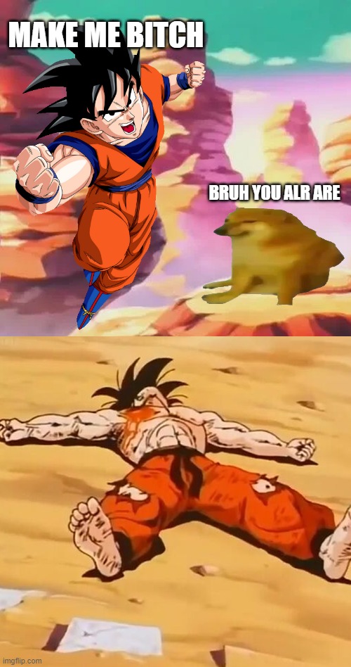 goku defeated | MAKE ME BITCH; BRUH YOU ALR ARE | image tagged in goku defeated,bitch,dogs,funny | made w/ Imgflip meme maker