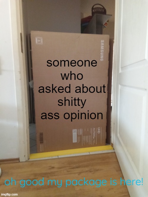 new template in my alt | someone who asked about shitty ass opinion; oh good my package is here! | image tagged in my package is here,new template | made w/ Imgflip meme maker