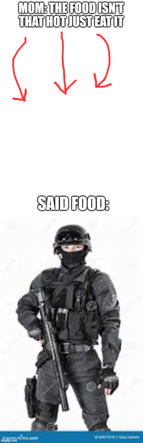 click more if it's there | MOM: THE FOOD ISN'T THAT HOT JUST EAT IT; SAID FOOD: | image tagged in blank white template,damn thats crazy bro | made w/ Imgflip meme maker