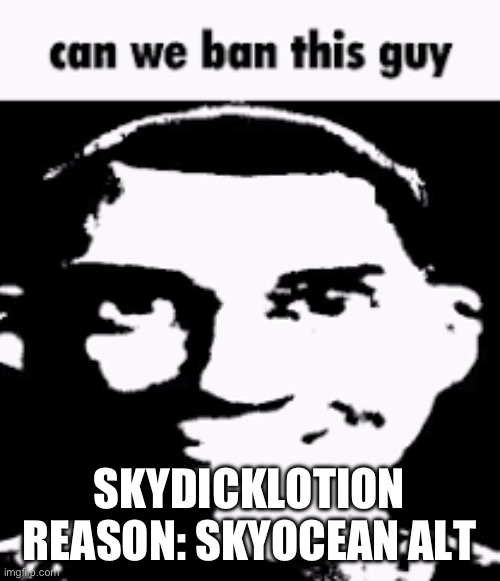 Can we ban this guy | SKYDICKLOTION
REASON: SKYOCEAN ALT | image tagged in can we ban this guy | made w/ Imgflip meme maker