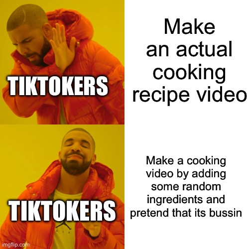 Who else despises these videos | Make an actual cooking recipe video; TIKTOKERS; Make a cooking video by adding some random ingredients and pretend that its bussin; TIKTOKERS | image tagged in memes,drake hotline bling | made w/ Imgflip meme maker