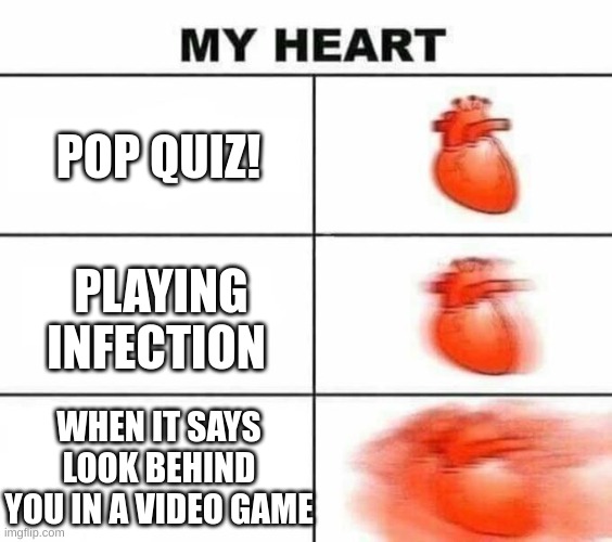 My heart just goes bye bye | POP QUIZ! PLAYING INFECTION; WHEN IT SAYS LOOK BEHIND YOU IN A VIDEO GAME | image tagged in my heart blank | made w/ Imgflip meme maker
