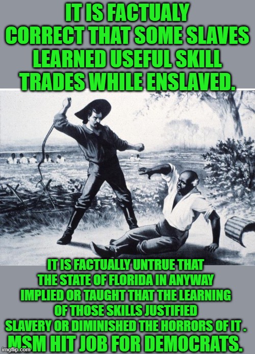 spare me the fake outrage you know the truth | IT IS FACTUALY CORRECT THAT SOME SLAVES LEARNED USEFUL SKILL TRADES WHILE ENSLAVED. IT IS FACTUALLY UNTRUE THAT THE STATE OF FLORIDA IN ANYWAY IMPLIED OR TAUGHT THAT THE LEARNING OF THOSE SKILLS JUSTIFIED SLAVERY OR DIMINISHED THE HORRORS OF IT . MSM HIT JOB FOR DEMOCRATS. | image tagged in slave,democrat,hypocrisy | made w/ Imgflip meme maker