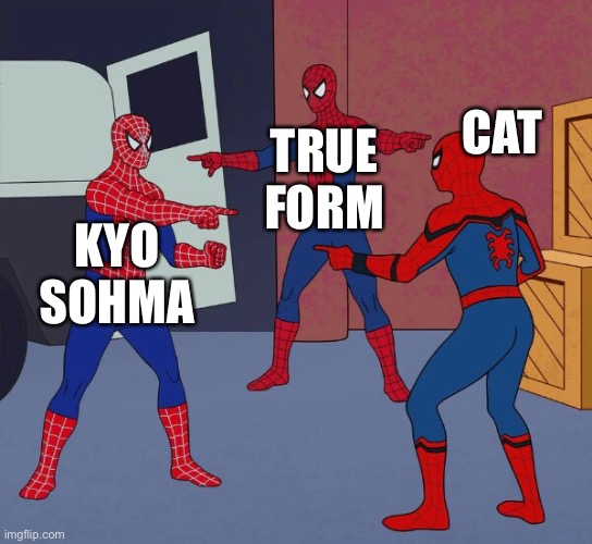 ? | CAT; TRUE FORM; KYO SOHMA | image tagged in spider man triple,kyo sohma,anime,fruits basket,furuba | made w/ Imgflip meme maker
