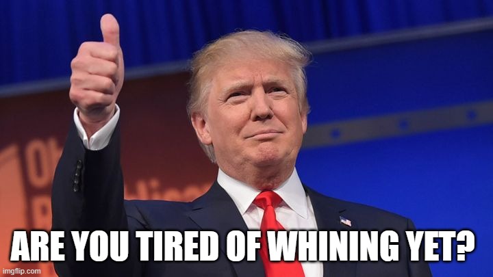 Trump: Are you tired of whining yet? | ARE YOU TIRED OF WHINING YET? | image tagged in donald trump winning,republican,treason,criminal,traitor,prison | made w/ Imgflip meme maker